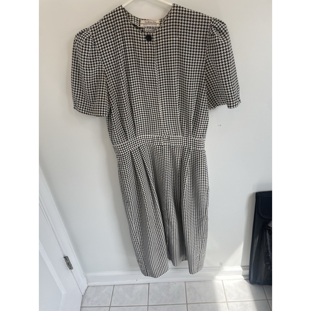 Vintage Talbots Petite Black White Geometric‎ Midi Button Front Dress Size 10